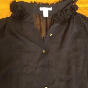 J. Crew Silk Chiffon Navy Blue Ruffle Neck Blouse